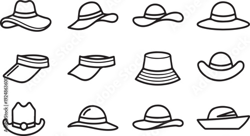 A diverse collection of various hat and cap styles illustrated in black and white. Vector