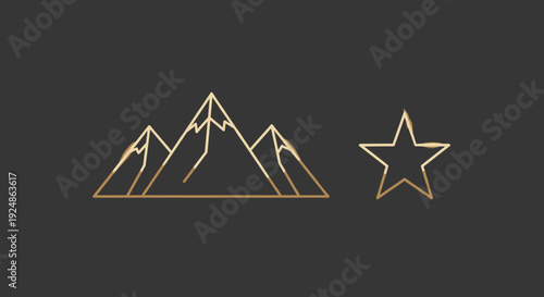Gold Outlined Mountains and Star Icon.