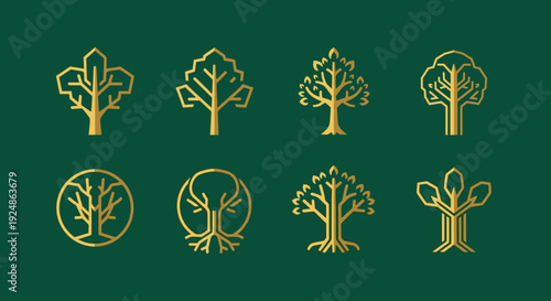 Gold Tree Icons Set on Green Background.