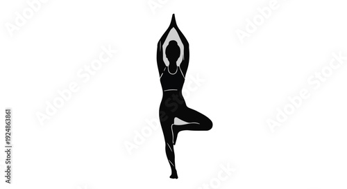 Silhouette of a woman in a tree pose, symbolizing balance and wellness.