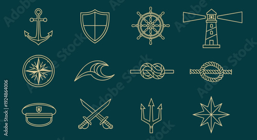 Nautical Symbols and Icons Set Illustration.