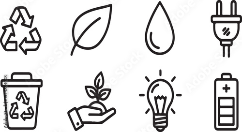Icons representing various aspects of environmental sustainability and energy efficiency Vector