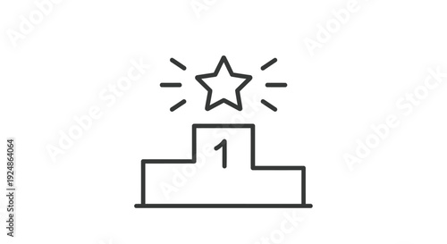 Crisp black line vector graphic illustration of a shining star proudly placed atop a first place winner's podium, symbolizing achievement, victory, and top-tier success for recognition.