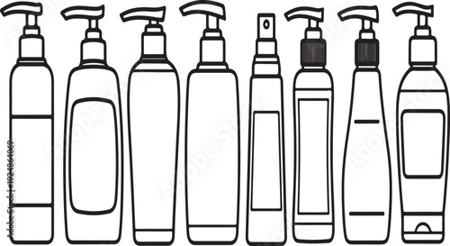 Assorted bottles and containers with pump dispensers in a row Vector