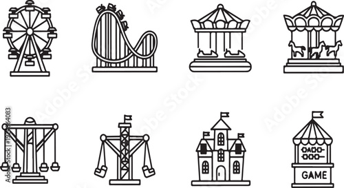 A collection of various amusement park rides and buildings Vector