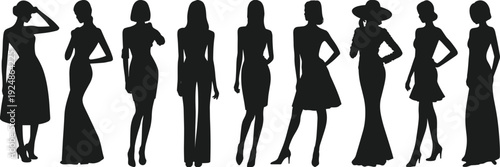 Elegant Women Silhouettes Collection in Fashionable Dresses and High Heels, Female Models Posing in Stylish Outfits Isolated on White Background Illustration Set