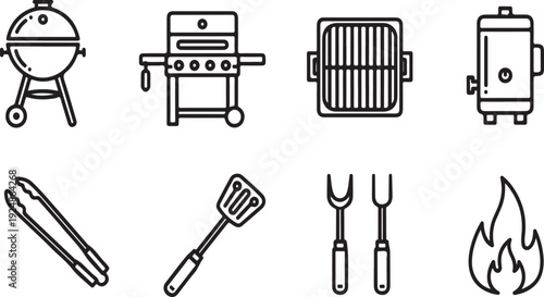 Various grills and barbecue tools displayed in a row for outdoor cooking Vector