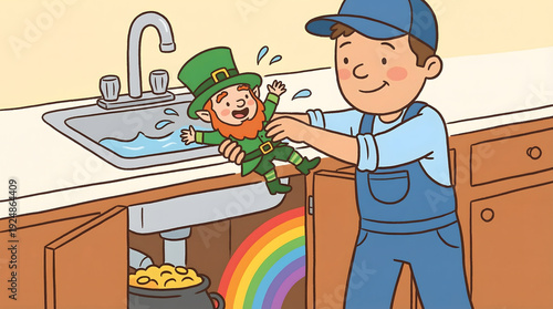 A cheerful plumber pulls a laughing leprechaun from a kitchen sink where rainbow is rising