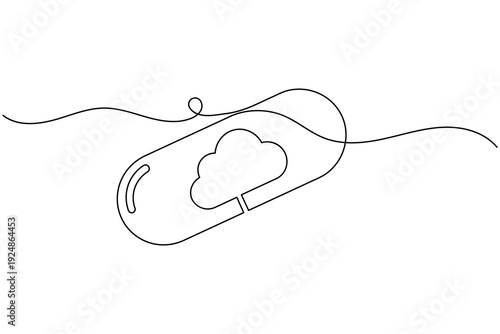 Medical capsule with cloud inside continuous one line drawing representing digital health and online pharmacy vector illustration