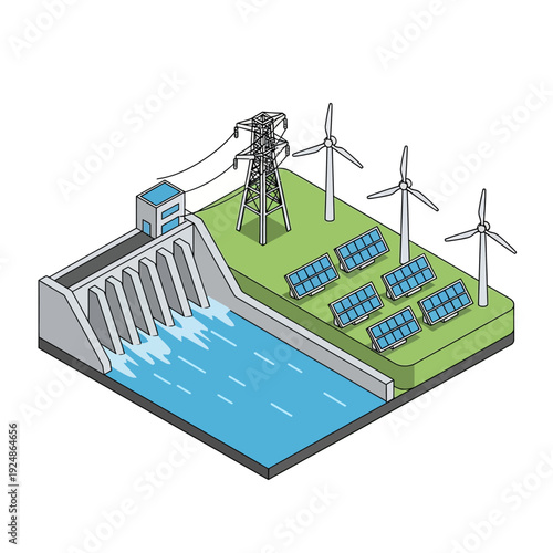 Renewable Energy Sources Hydroelectric Dam Solar Panels Wind Turbines.