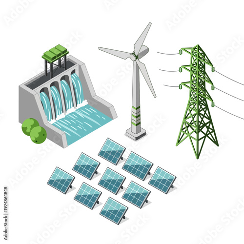 Renewable Energy Sources Including Hydroelectric Dam Wind Turbine Solar Panels and Power Transmission Tower.