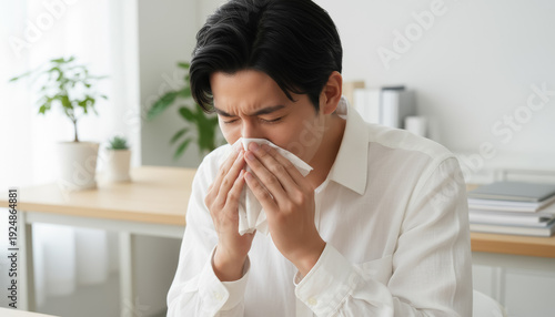 Wallpaper Mural ティッシュで鼻をかむ男性：花粉症や風邪の症状で鼻をかむ若い男性の表情 Torontodigital.ca