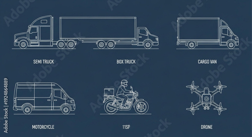 Blueprint of Various Transportation Vehicles for Logistics and Delivery.