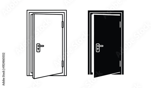 Black and white illustration of two open doors with handles side by side on a plain background