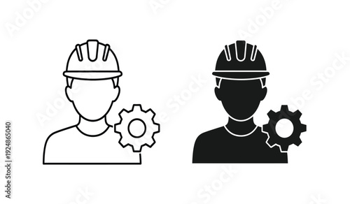 Black and white line icons of workers with gear mechanisms