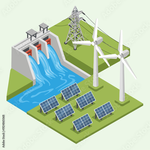 Renewable Energy Sources Hydroelectric Dam Wind Turbines Solar Panels.
