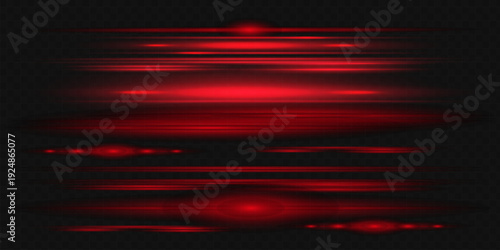 Red light effect reflections, neon illumination in red colors. Bright light lens. Police light effects, lines. Shiny stars, glowing sparks on a black background