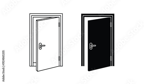 Two open doors one black and one white with handles and hinges on a pure