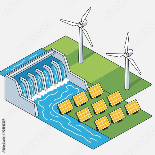 Renewable Energy Sources Hydroelectric Dam Solar Panels Wind Turbines.