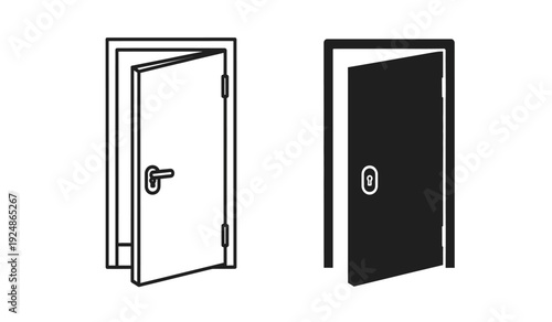 Two open door icons in black and white with modern design elements