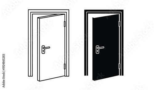 Black and white line drawing of open doors with handles