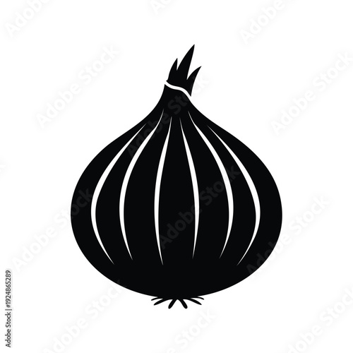 Black and white onion with leaves silhouette vector illustration for cooking and food design, shallot silhouette vector illustration