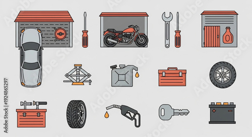 Collection of automotive tools and equipment for car repair and maintenance.