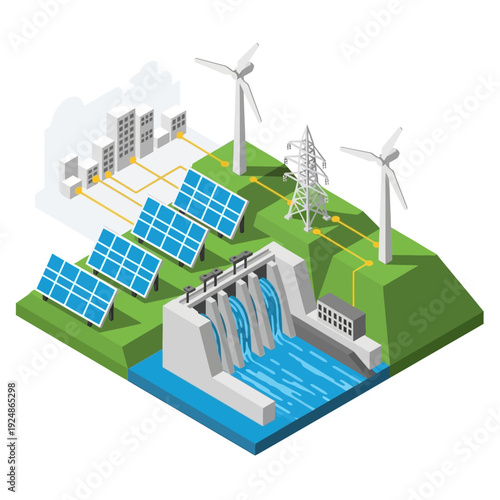 Sustainable Energy Sources Illustration with Solar Panels, Wind Turbines, and Hydroelectric Dam.