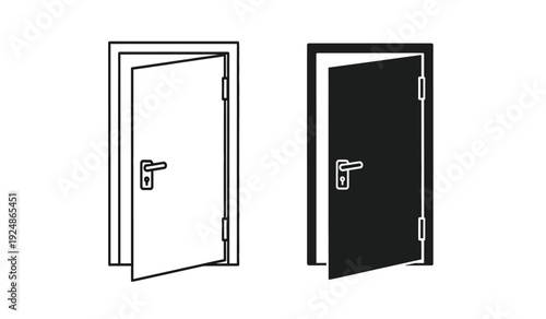 Two doors one open and one closed with handles and hinges