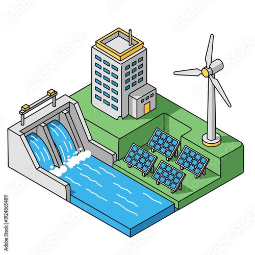 Renewable Energy Sources Hydroelectric Dam Solar Panels Wind Turbine.