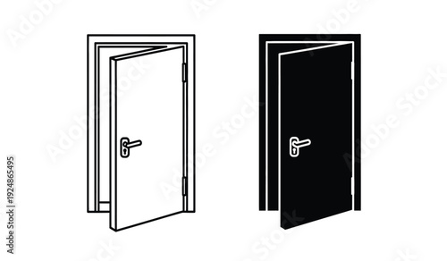 Vector illustration of two doors with handles in black and white