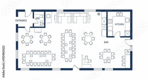Detailed floor plan of a large event space with various seating arrangements.