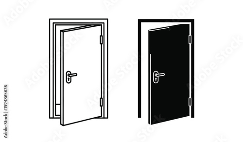Vector illustration of open and closed doors with handles in black and white