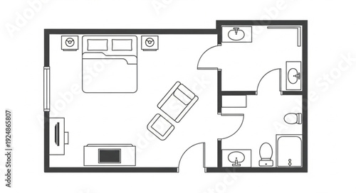 Detailed floor plan of a modern apartment with furniture and fixtures.