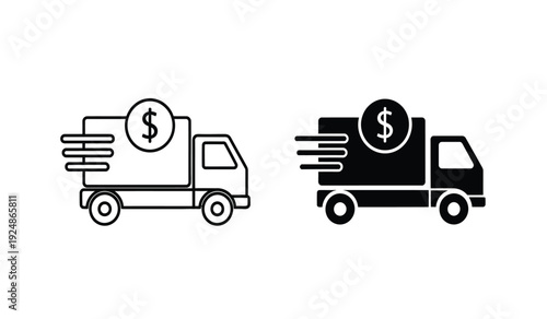 Black and white line icons of delivery trucks with dollar signs on the side for fast money delivery or quick cash transport
