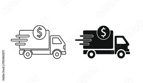 Two trucks with dollar sign on side view moving fast with lines, one black and one line art style