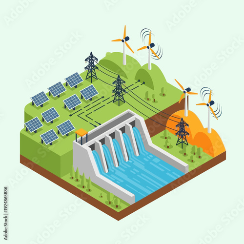Sustainable Energy Landscape with Renewable Sources and Hydroelectric Dam.