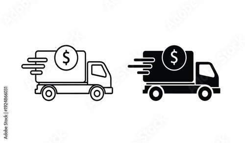 Two delivery trucks with dollar sign on side moving fast in black and white