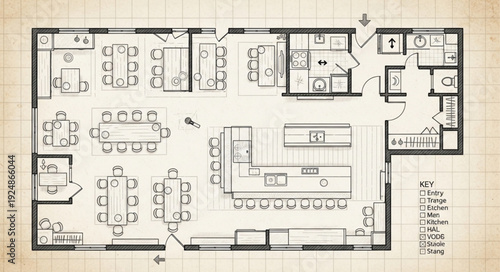 Detailed architectural blueprint showcasing the layout of a commercial establishment, featuring various rooms and spaces.