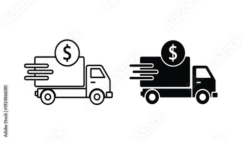 Black and white line icons of speeding trucks with dollar signs on them