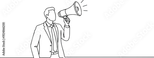 Man in Suit with Megaphone Announces News White Background Minimal Outline