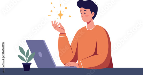 Man in Orange Sweater with Laptop and Plant Minimalist Illustration