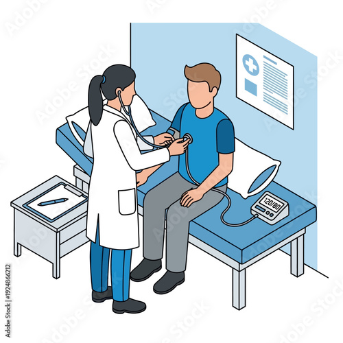 Doctor examining a young male patient in a medical office.