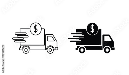 Two delivery trucks with dollar sign on a for finance or transportation concepts