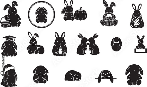 AI-Generated Cute Bunny Rabbit Silhouette Bundle – Easter Cartoon Animal Vector Set, Bunny Illustration Isolated on White Background