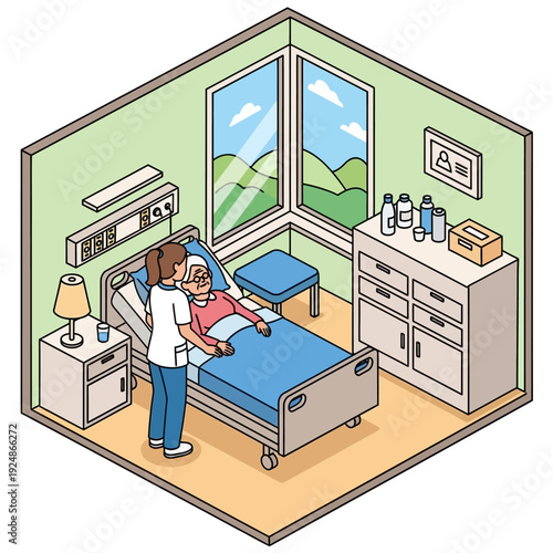 Doctor examining a patient in a hospital room with a serene landscape outside.
