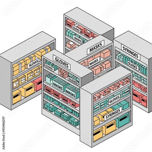 Illustration of storage units with labeled compartments for various supplies.