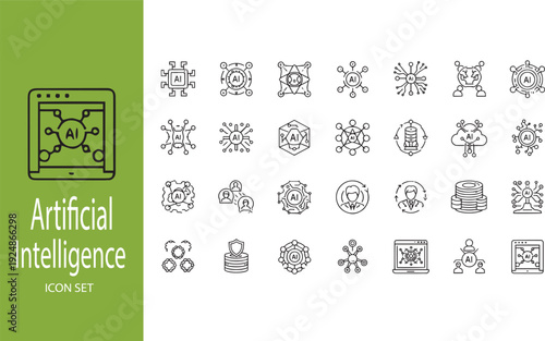 Artificial Intelligence and Future Technology Linear Icon Set: Machine Learning, Neural Networks, and Data Science Vector Concept.