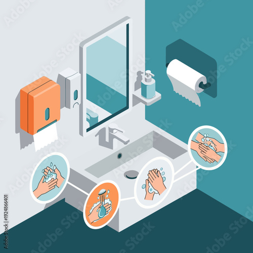 Bathroom hygiene illustration with hand washing steps.