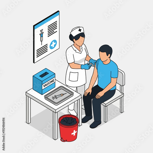 Nurse administering vaccination to a seated male patient.